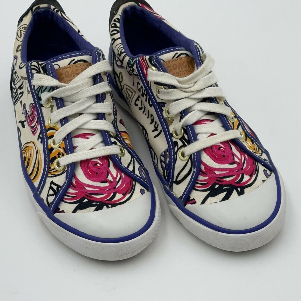 Coach Barrett Poppy Scribble Sneakers White Blue Tennis Shoes - Size 7